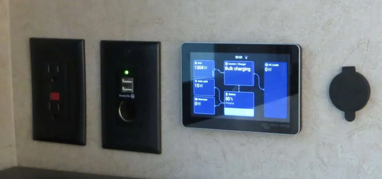 Wall with electrical outlets, USB charging port, digital control panel Example of RV Solar Install near San Diego.  Lithium Battery, DC/DC Converter, LiFePO4, Inverter, install on RV near San Diego, CA.