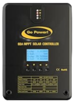 GoPower 30A MPPT controller with yellow Go Power branding and a blue digital display screen  for Solar Panel, Inverter and Lithium Battery Installations on RV's RV or Boats Marine near San Diego, CA.