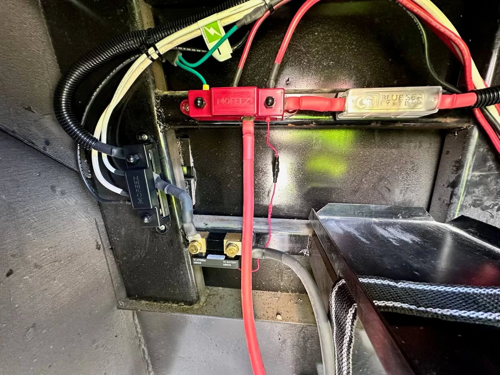 Example of RV Solar Install near San Diego.  Lithium Battery, DC/DC Converter, LiFePO4, Inverter, install on RV near San Diego, CA.  'MOFEEZ' and 'BLUE SEA SYSTEMS'.