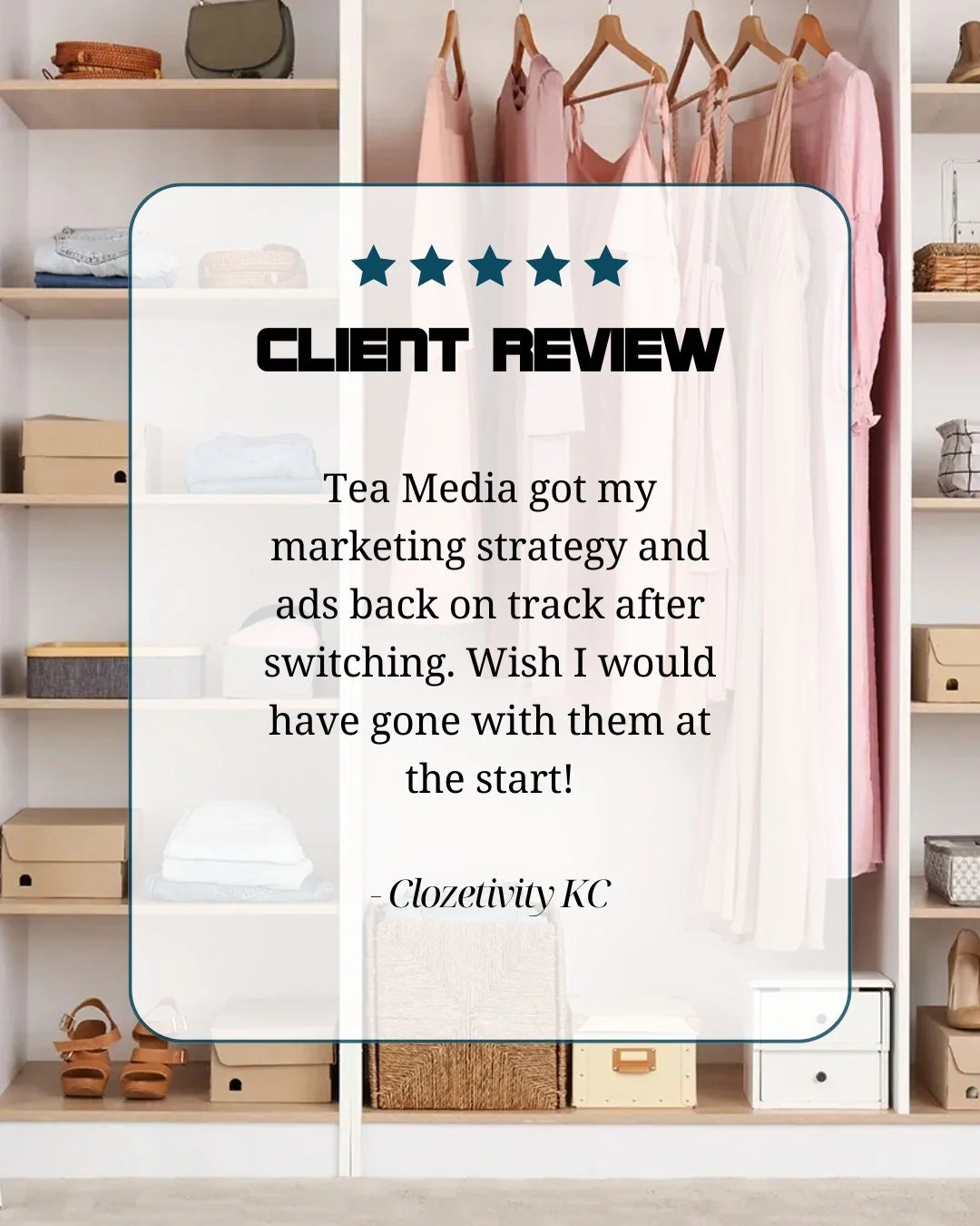 When we began collaborating with Clozetivity KC, a local franchisee, they were stuck with a partner who wasn't prioritizing their needs. 

We stepped in, boosted website traffic , and revamped their ads for maximum impact. 

Grateful for your five-st