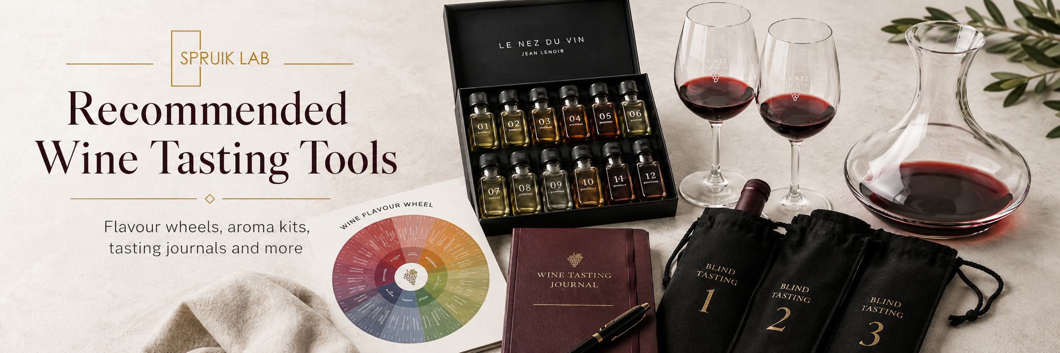 An imae of various wine tasting tools including an aroma wheel, a flavour wheel, wine glasses, a decanter and bottle bags