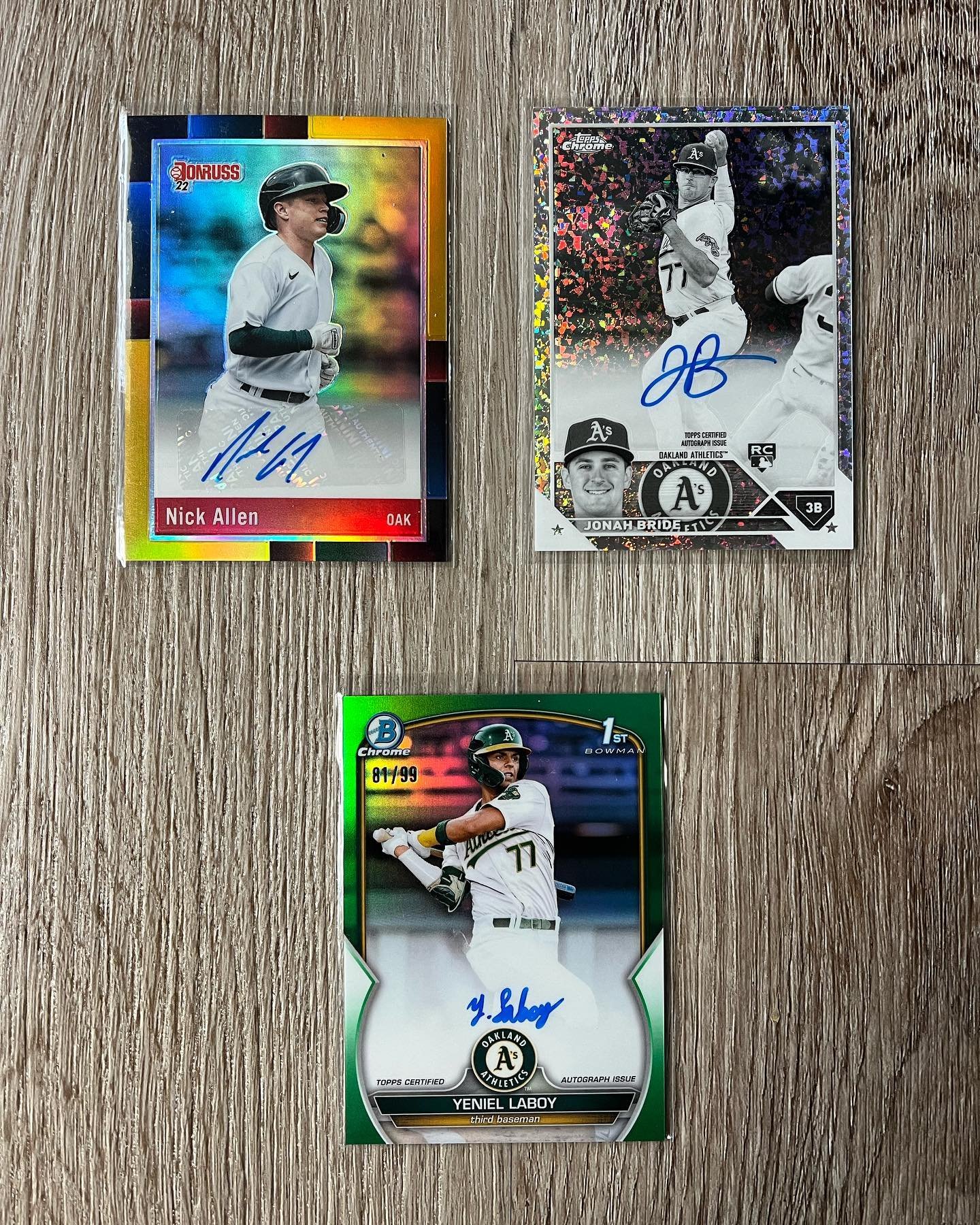 I added a few cards to the PC this week. Nick Allen 2022 Donruss Gold Parallel auto 06/10. Jonah Bride 2023 Topps Chrome Black and White Mini-Diamond auto. Yeniel Laboy 2023 Bowman Chrome Green Refractor auto 81/99. #Athletics #Collect