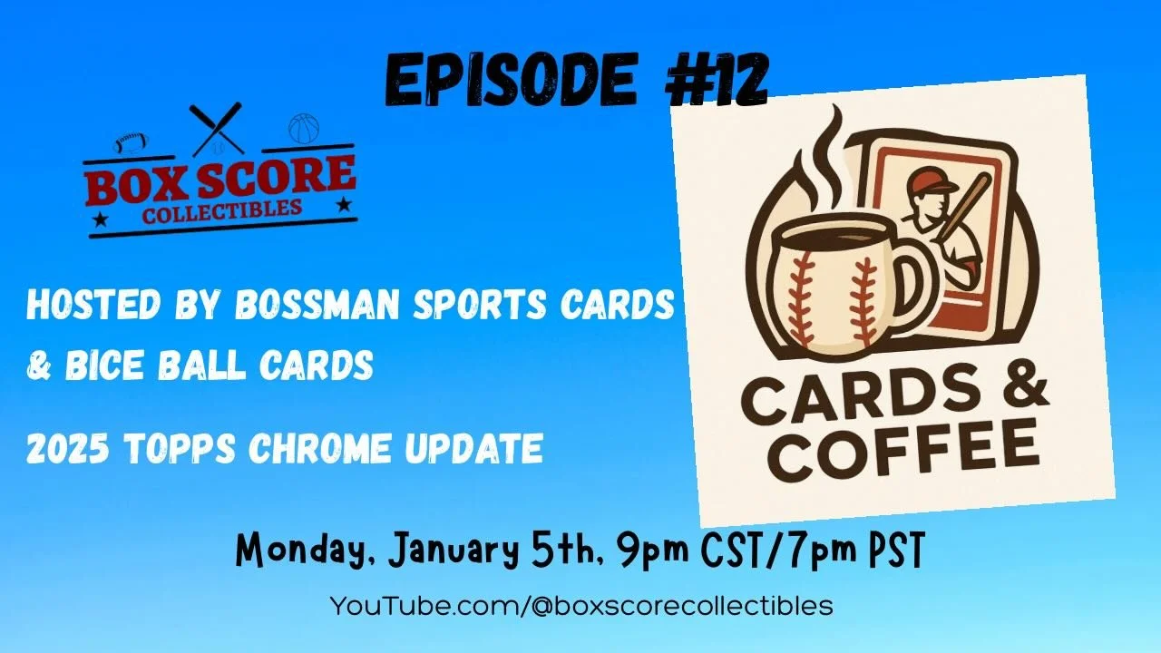 Join us tonight at 9pm Central/7pm Pacific for Cards &amp; Coffee! We will discuss some of the recent hobby news and new releases. We will also be opening some of the hot new 2025 Topps Chrome Update!

Link to our YouTube channel is in the bio.