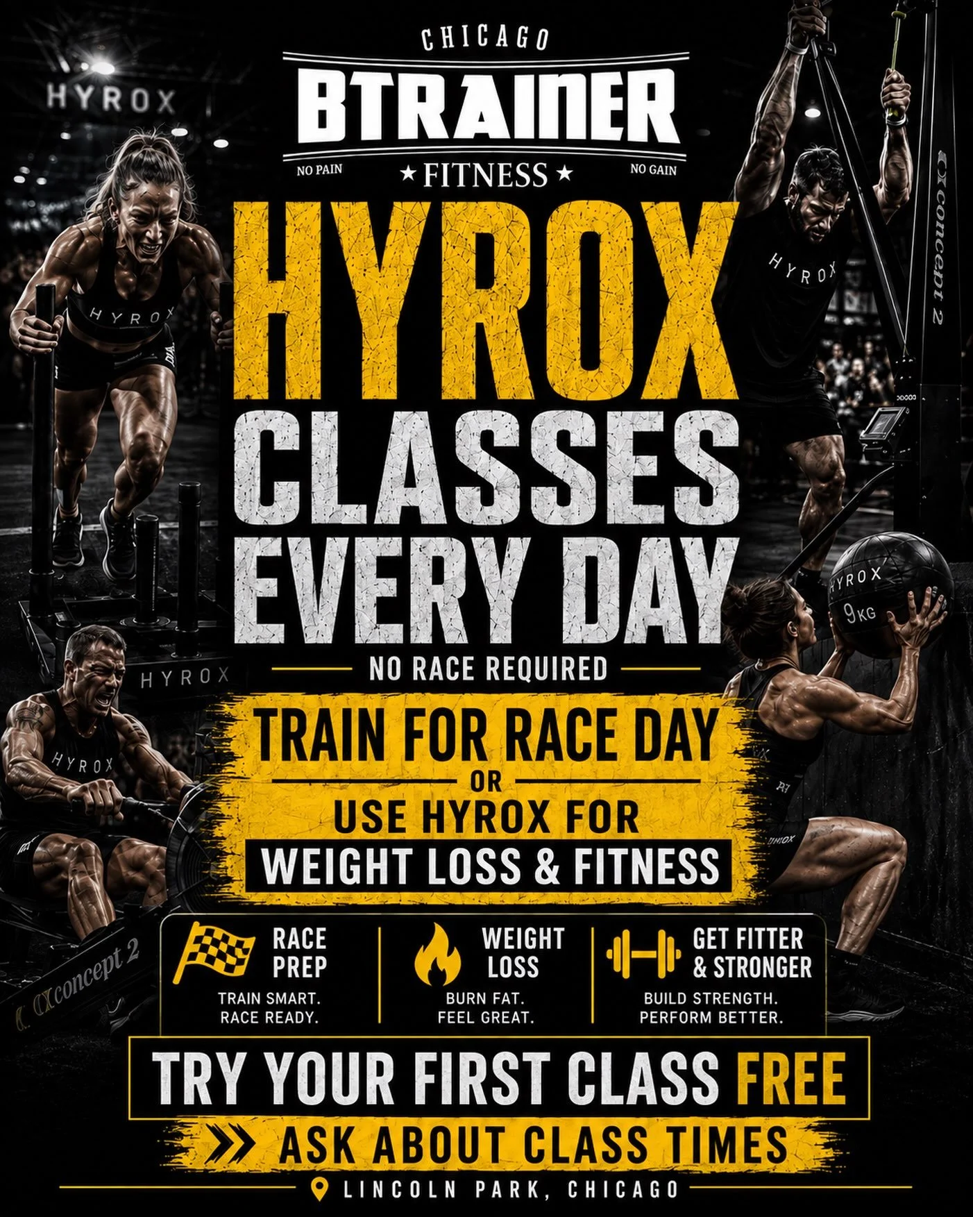 HYROX IS MORE THAN A RACE.

At BTRAINER FITNESS, you can train HYROX whether your goal is to prepare for competition or simply use one of the most complete training systems to lose weight, get stronger, and improve your fitness.

HYROX classes every 