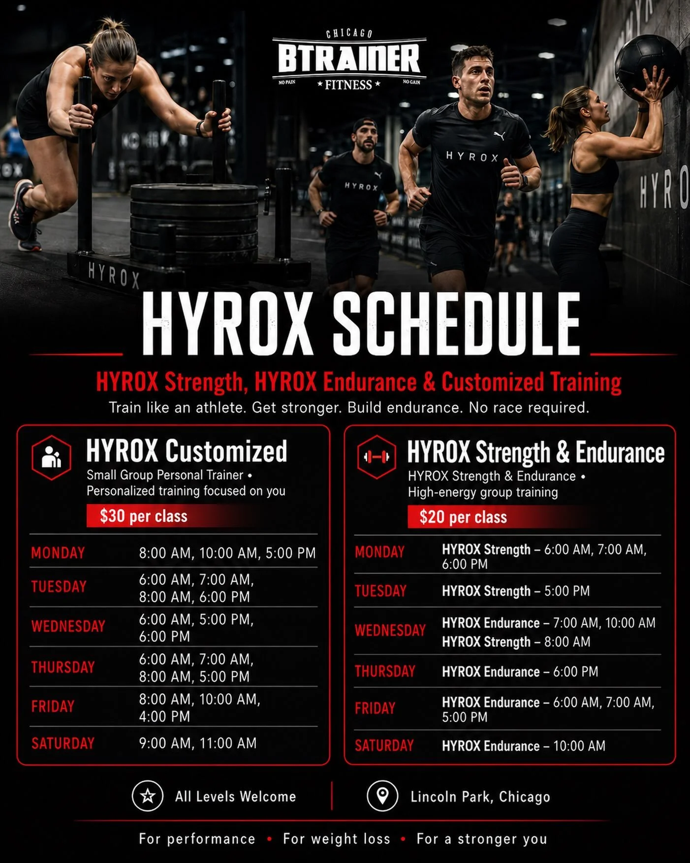 HYROX is not just for race day.

At BTRAINERFITNESS, you can train HYROX to get stronger, improve your endurance, lose weight, and become more athletic &mdash; whether you plan to compete or not.

We now offer two ways to train:

🔥 HYROX Customized
