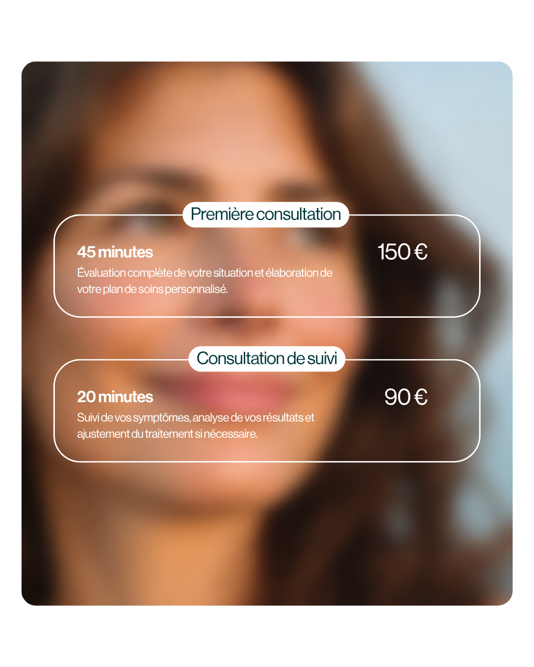 Tarifs MenoClinic : première consultation de 45 minutes à 150 €, consultation de suivi de 20 minutes à 90 €