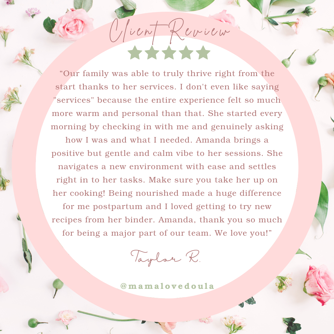 A pink circular frame with a handwritten 'Client Review' title and five stars, surrounded by pink roses and green leaves, with a heartfelt review text inside.