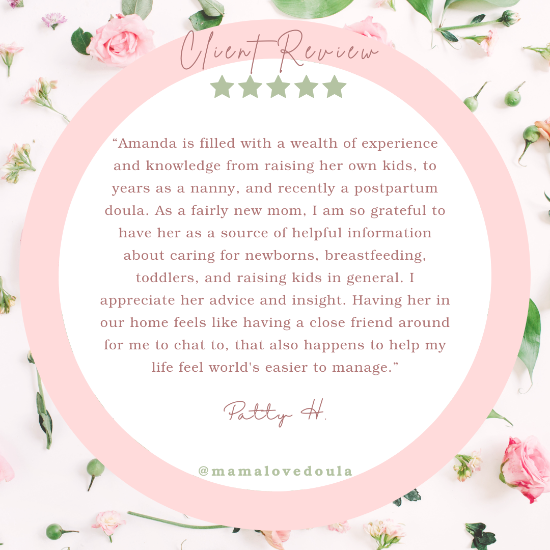 Customer review card with pink floral background, pink and green color scheme, and text praising a person named Amanda for her caregiving experience.