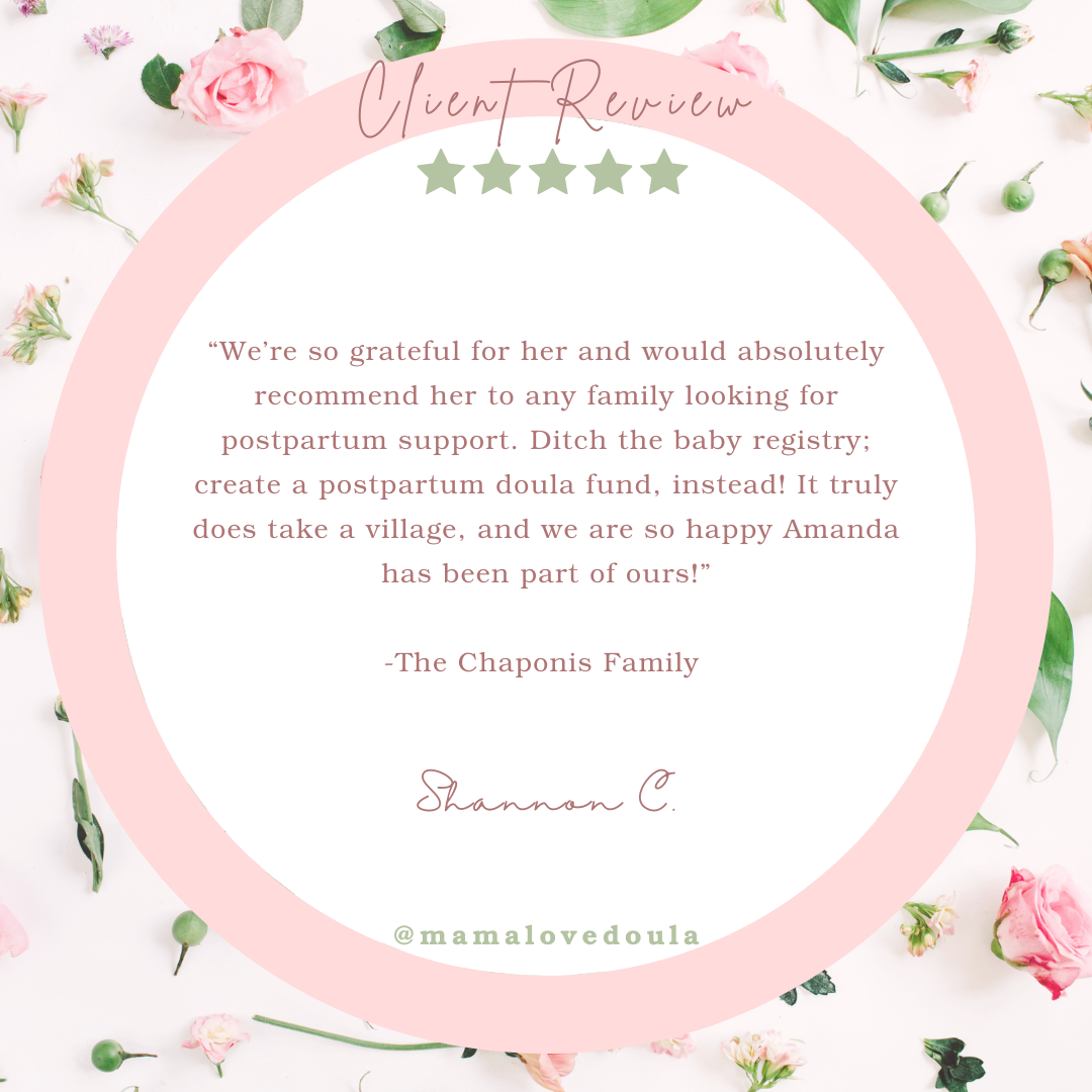 A pastel pink and white floral-themed graphic with a circular white area containing a customer review text. The background has scattered pink roses and green leaves. The review is about postpartum support, with a five-star rating and a signature from Shannon C.