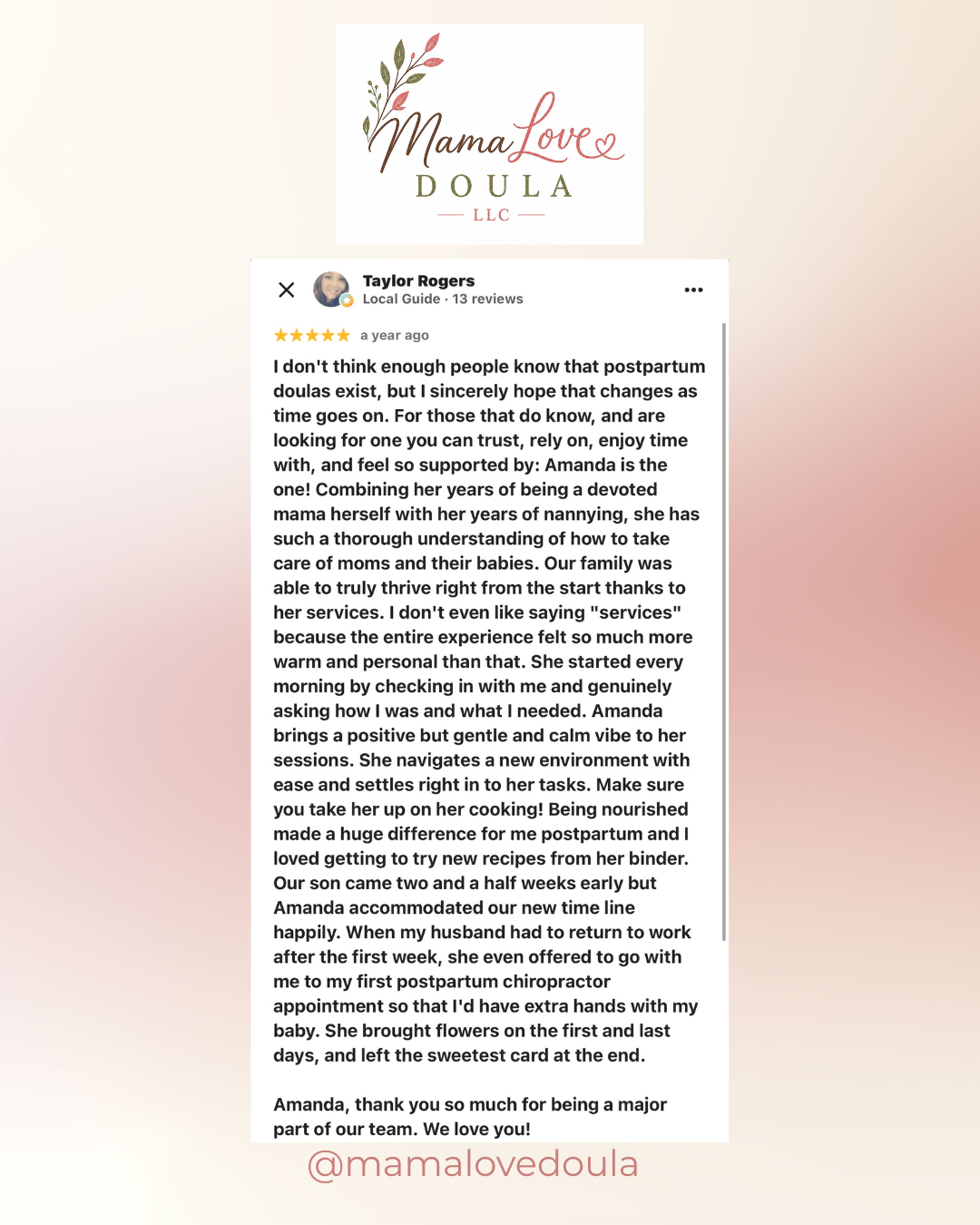 Client testimonial for postpartum support