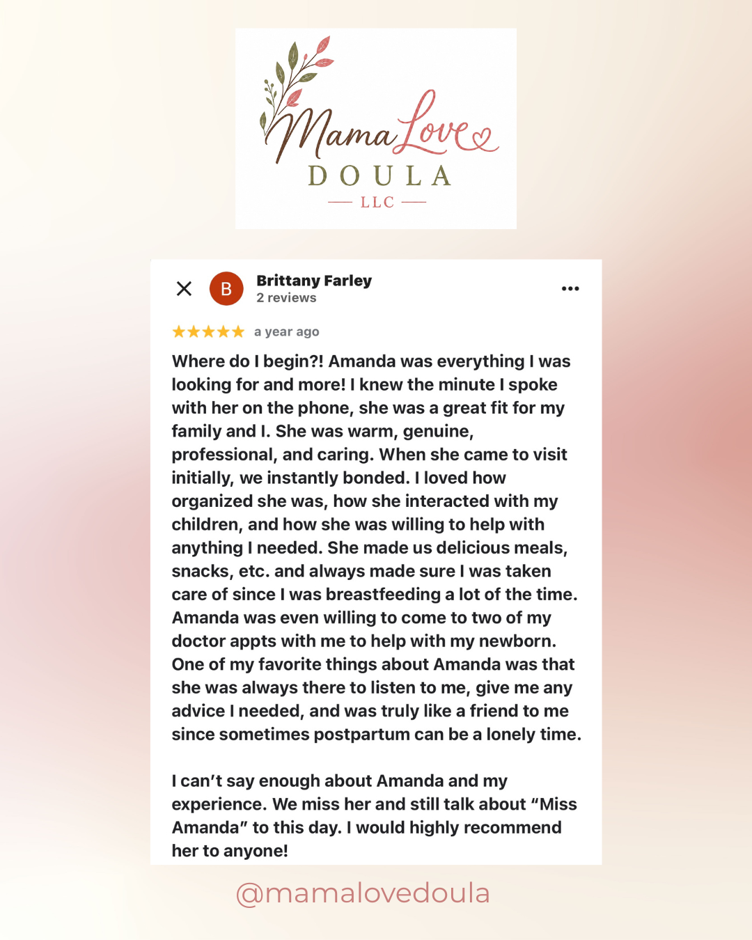 Client testimonial for postpartum support