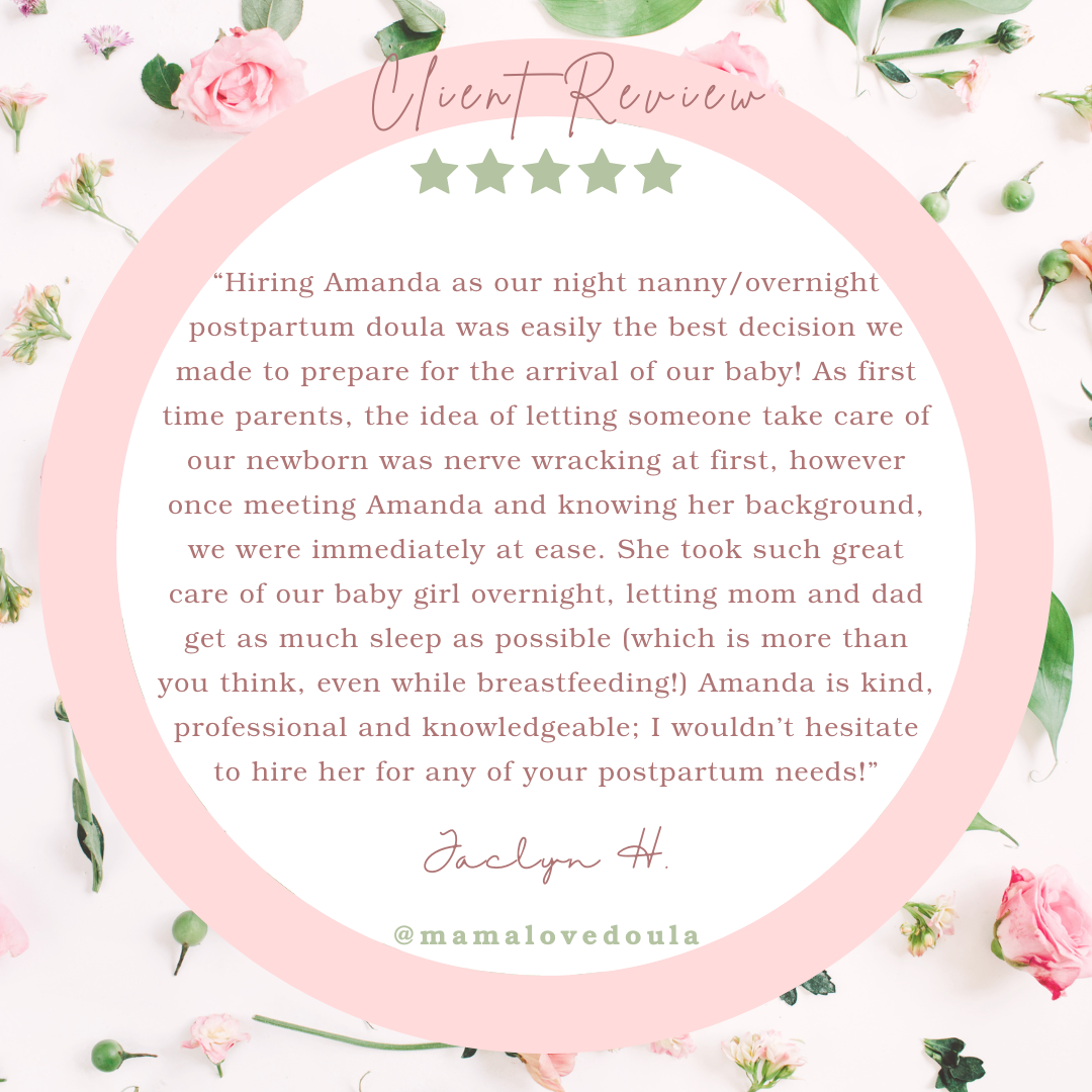 A pink and white floral review graphic with green star ratings, featuring a customer testimonial about postpartum doula services, decorated with pink roses and green foliage around the border.