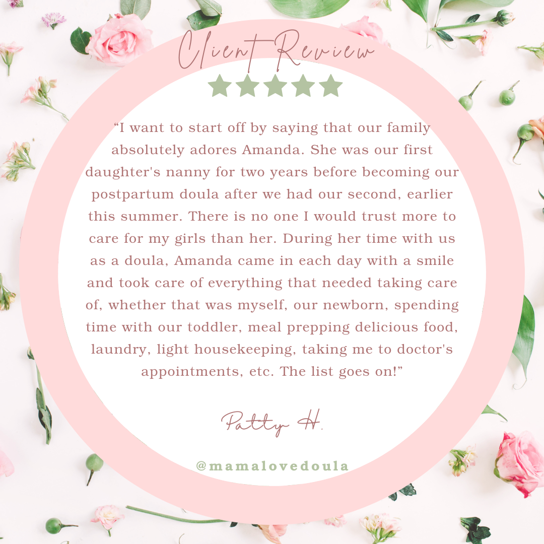Customer review with a pink fleur-de-lis background, featuring a quote about a woman and her experience with her daughter's nanny, Amanda, surrounded by pink and green floral decorations.