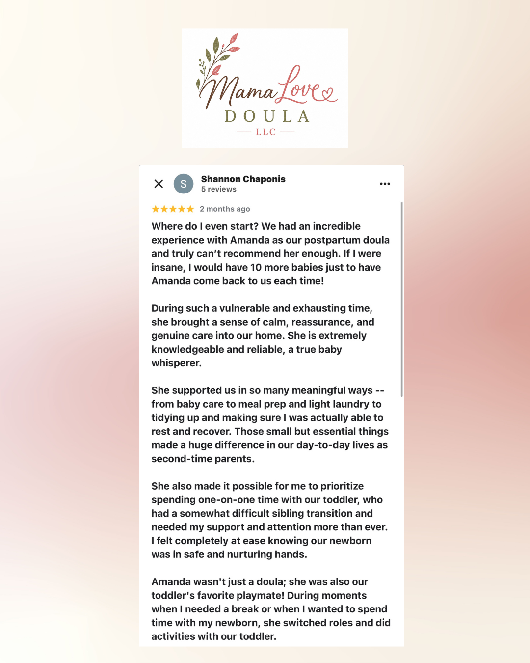 Client testimonial for postpartum support