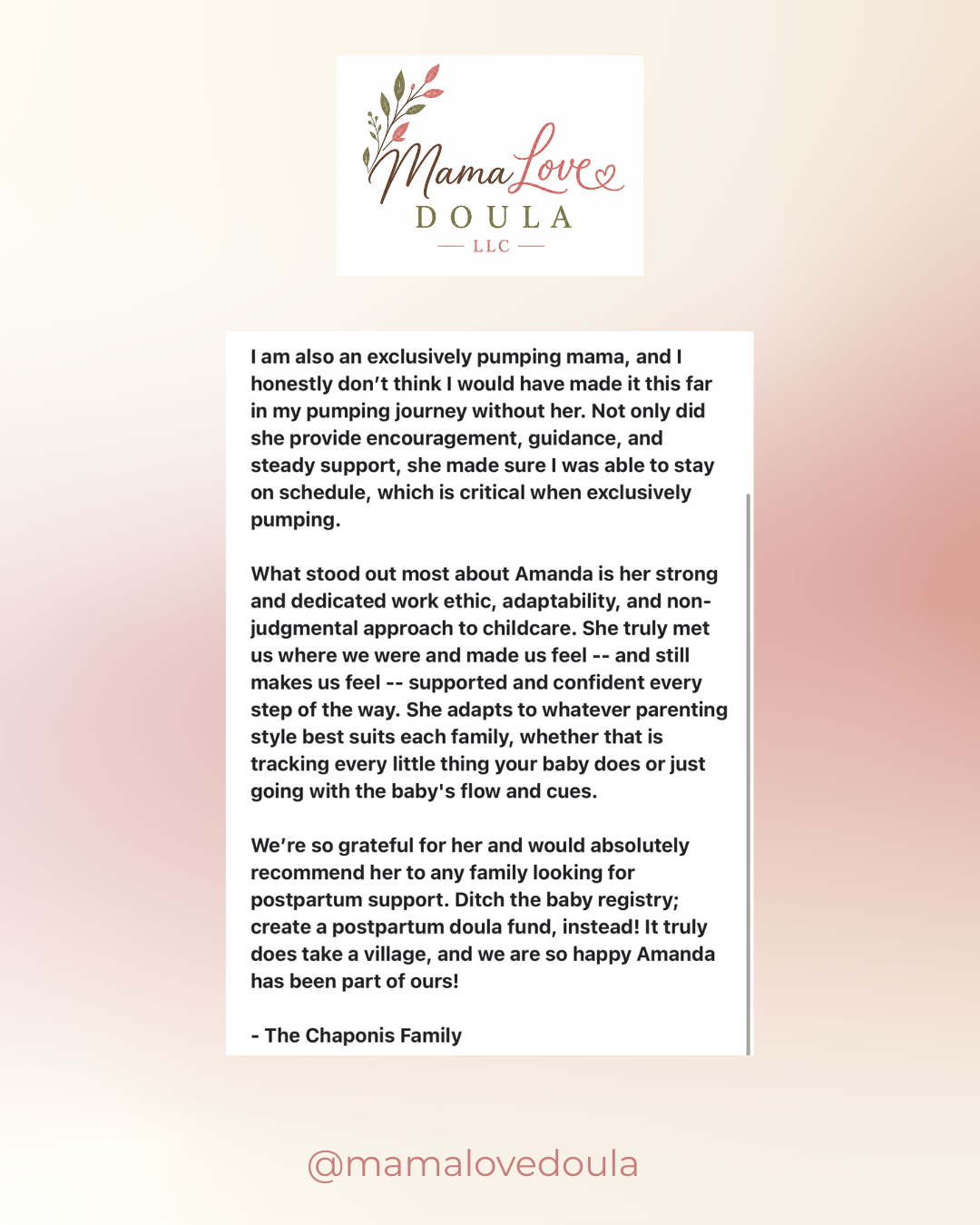 Client testimonial for postpartum support