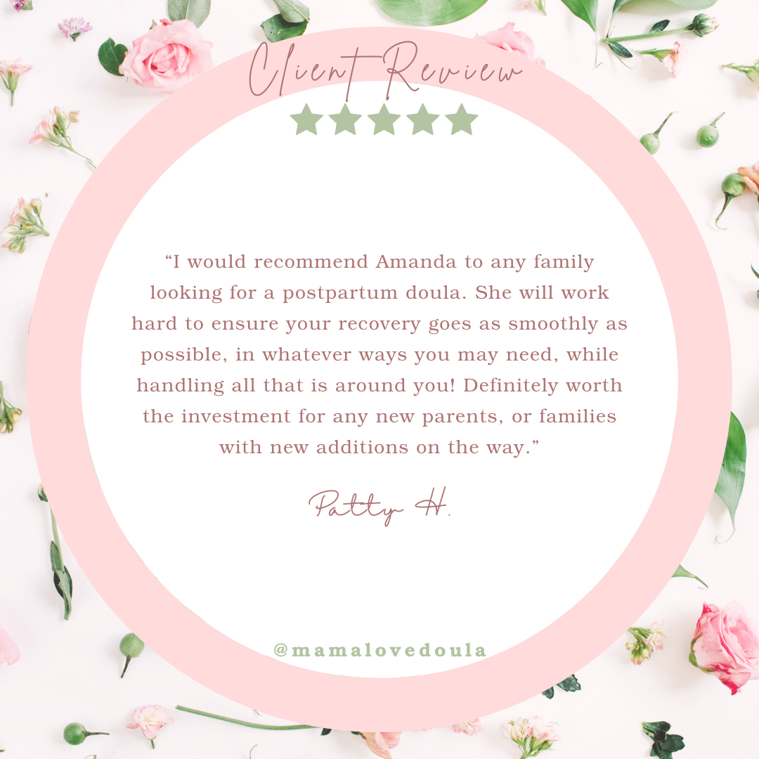 A feminine testimonial graphic with a pink circle overlay and floral decorations, featuring a customer review for a postpartum doula service