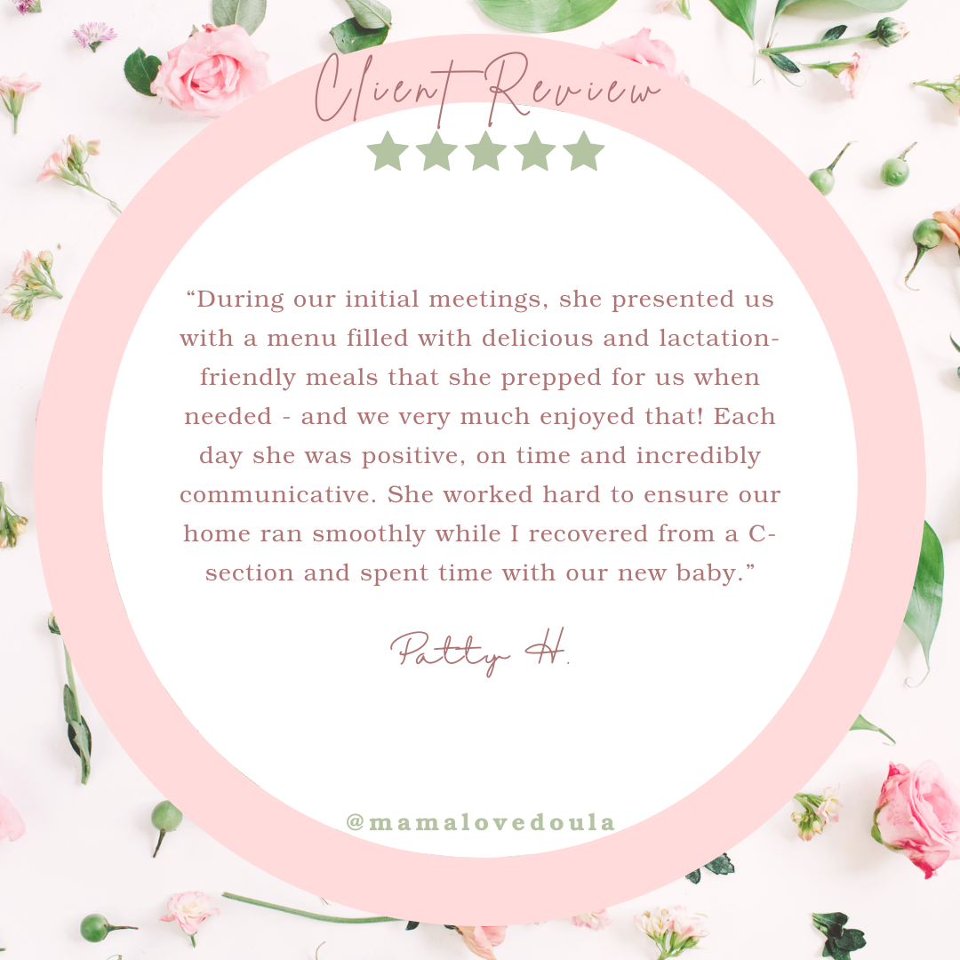 A review graphic with a pink floral theme, featuring a circular white space with a pink border. The text inside is a customer testimonial about a positive experience with a service, surrounded by scattered pink and green flowers and greenery.