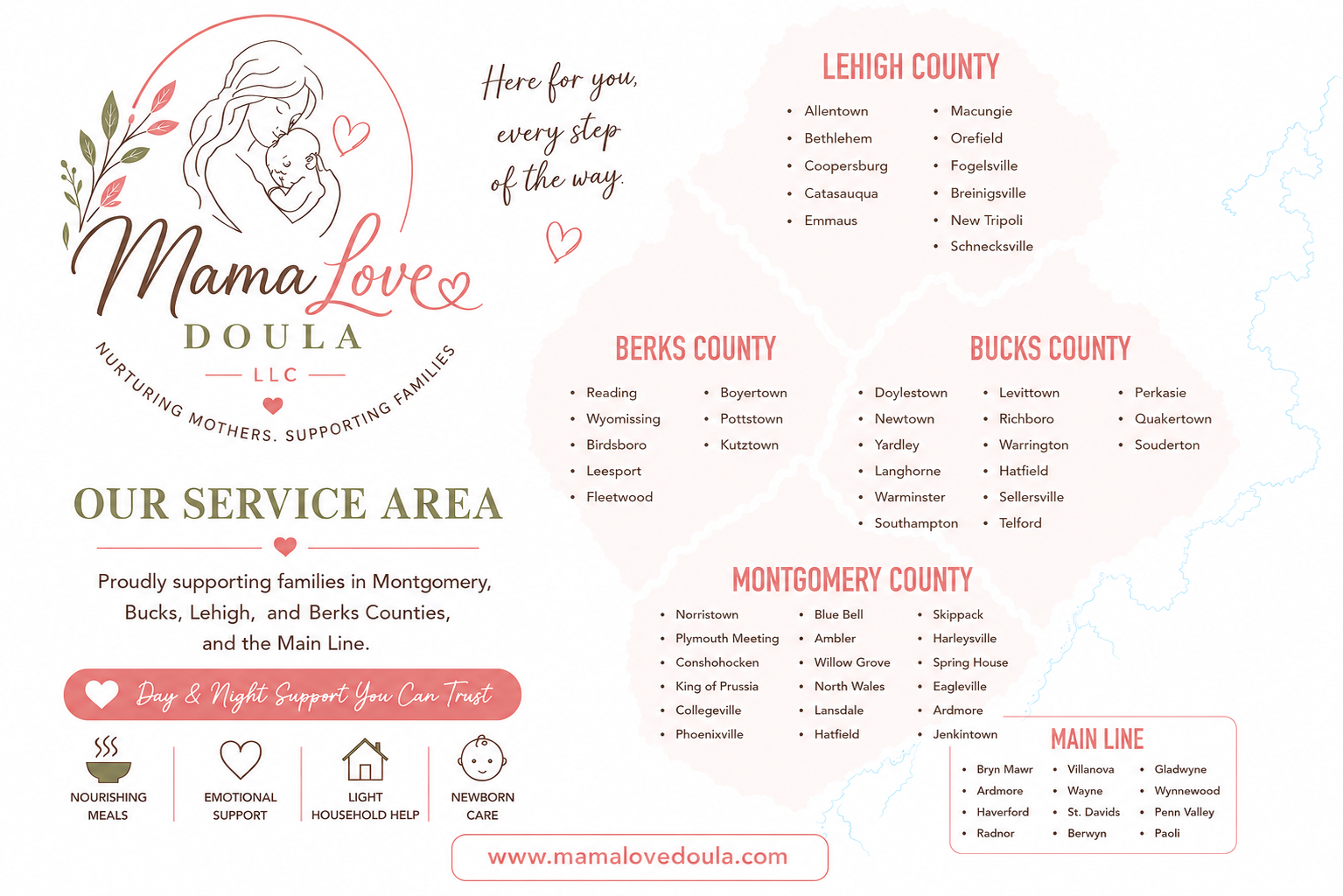 Postpartum support in Montgomery, Bucks, Lehigh, and Berks, and the Main Line, PA. Daytime, overnight, and sibling support.