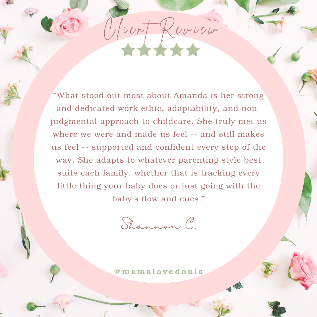 A customer review quote about Amanda, surrounded by pink roses and green leaves on a floral background, with a pink circle overlay containing the review text and a five-star rating.