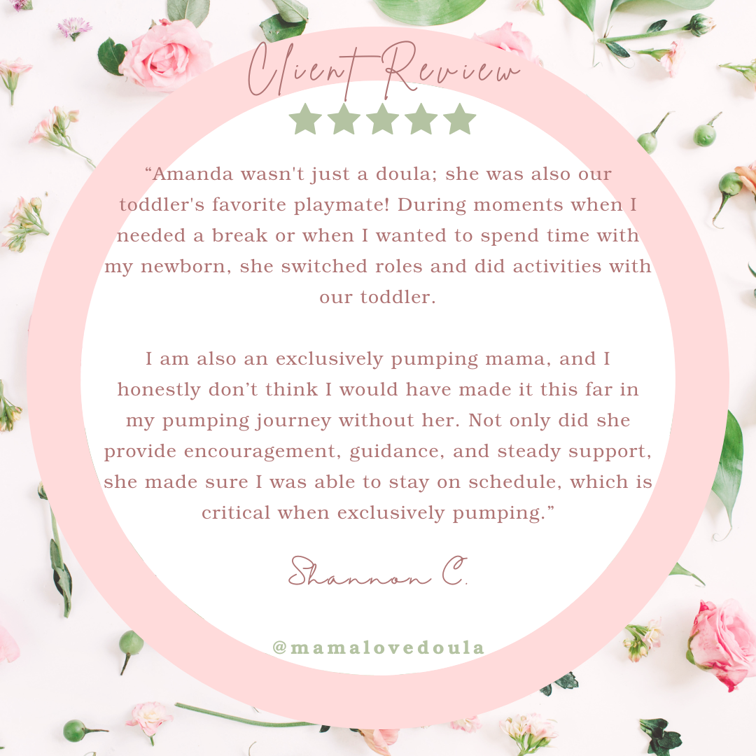Client review with a pink flower border, green leaves, and pink roses, featuring a quote praising a doula, signed by Shannon C., with a five-star rating and social media handle @mamalovedoula.