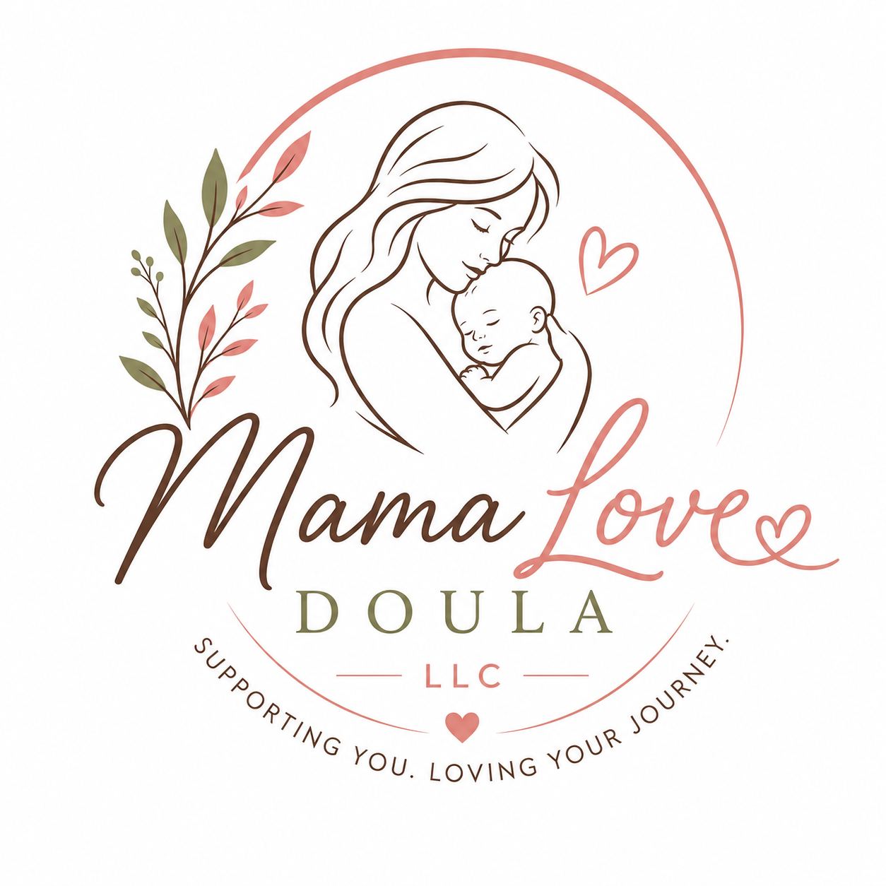 Logo for Mama Love Doula featuring a line drawing of a woman holding a sleeping baby, surrounded by a circle with a heart, floral elements, and text supporting women through their motherhood journey.