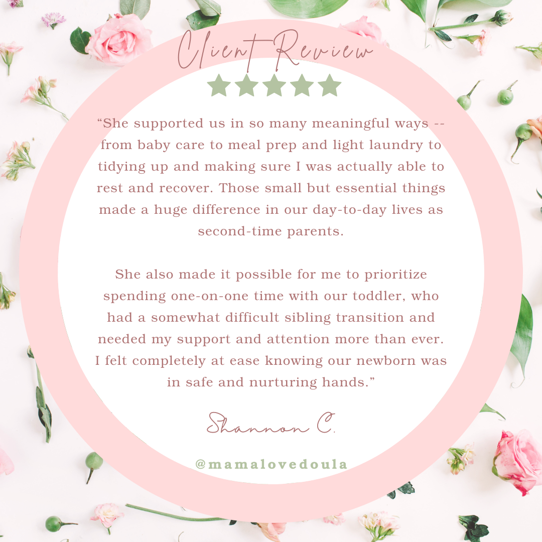 Customer review with five-star rating, pink flowers and green leaves on a white background.