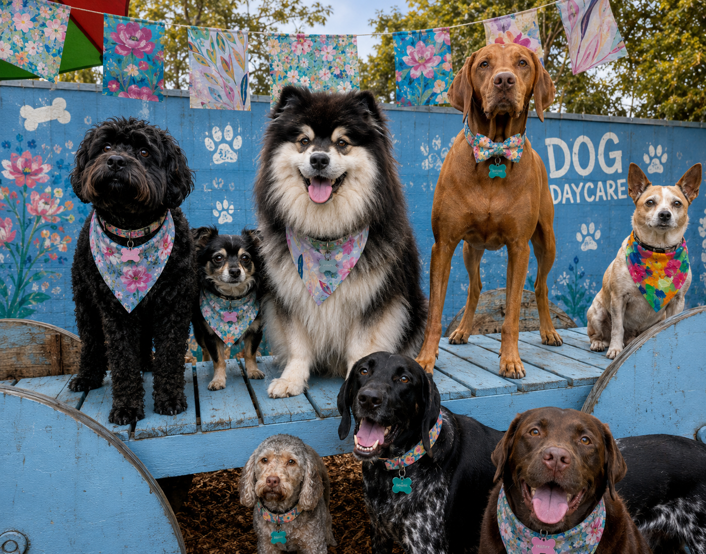 Group of ten dogs of various breeds and sizes, sitting and standing on a blue dog daycare play structure with colorful bandanas around their necks, in an outdoor setting with trees and a blue wall with paw prints and the words "DOG DAYCARE" in the background.