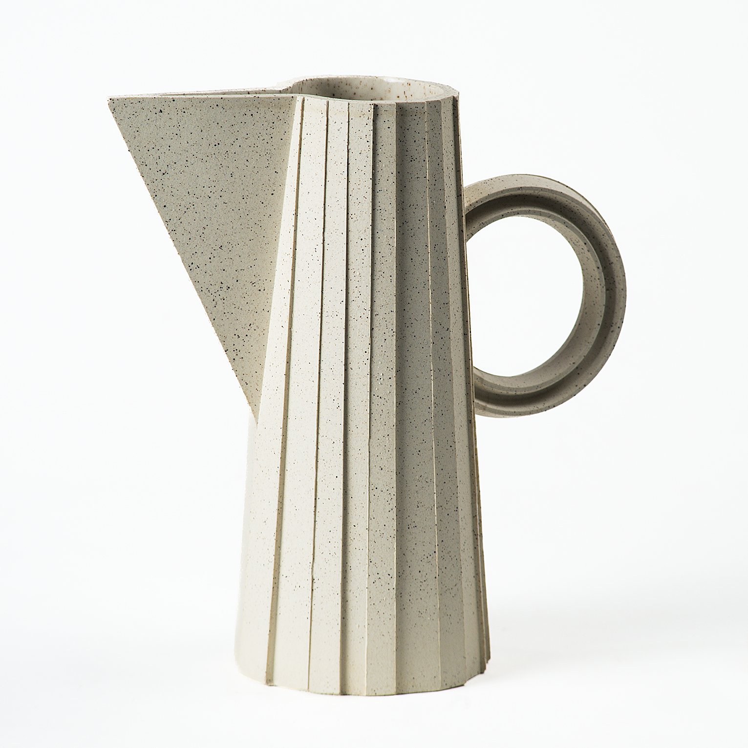 Handmade faceted ceramic pitcher in speckled white stoneware, by Lea & Nicolas