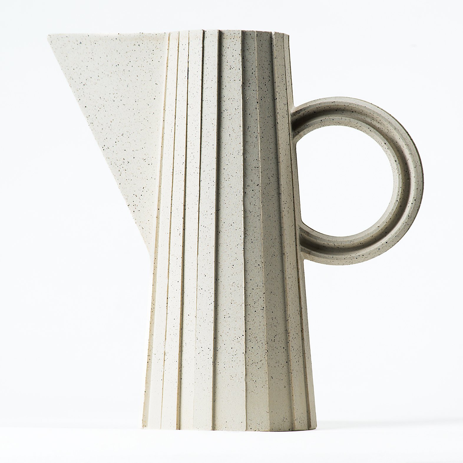 Handmade faceted ceramic pitcher in speckled white stoneware, by Lea & Nicolas