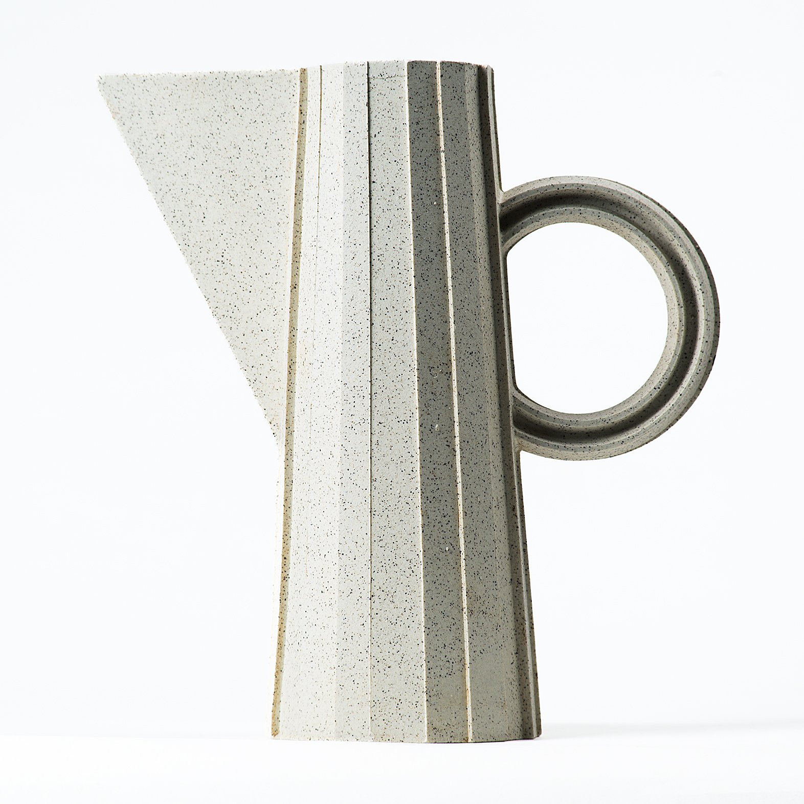Handmade brutalist faceted ceramic pitcher in speckled stoneware, by Lea & Nicolas
