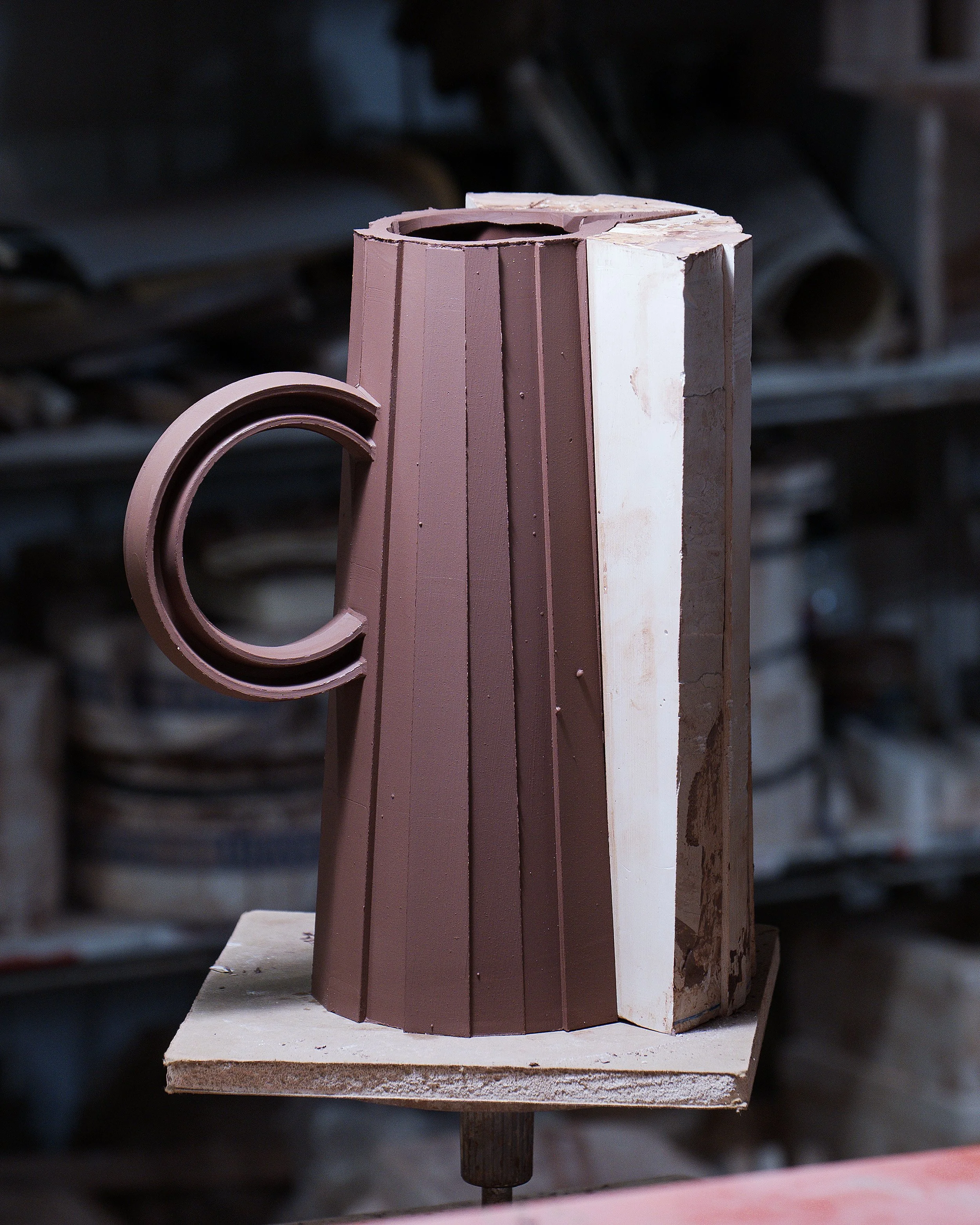 Lea & Nicolas making a faceted pitcher, multi-part plaster mold and stoneware slip.