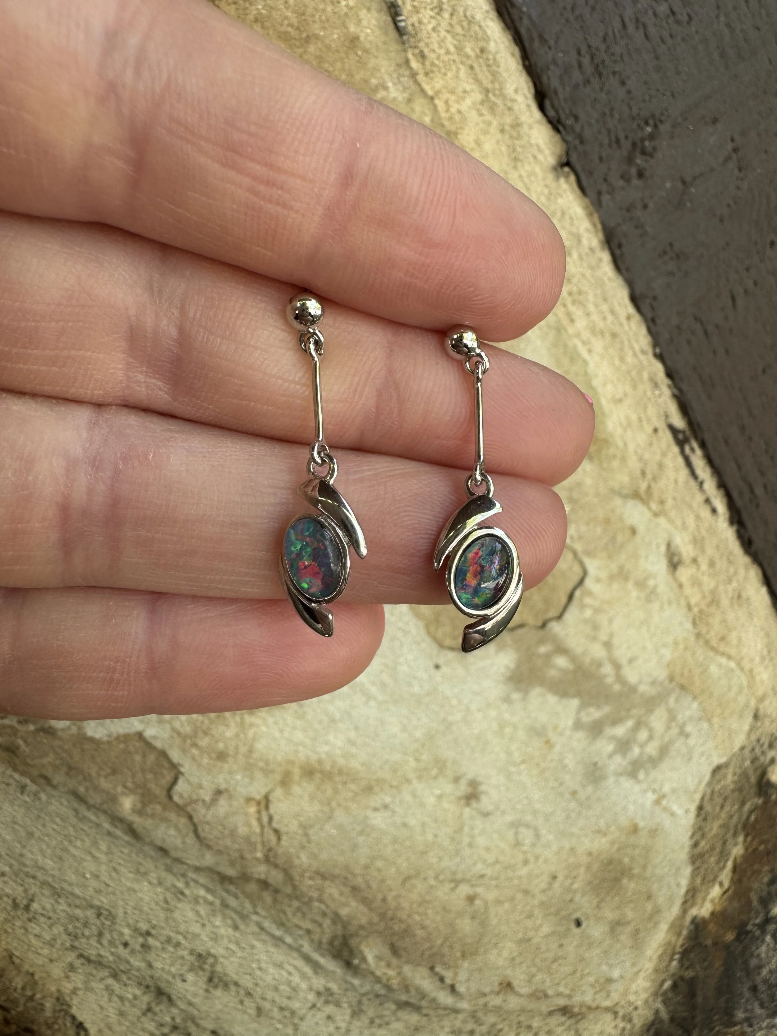 Gem Triplet Opal Earring drop studs Sterling Silver