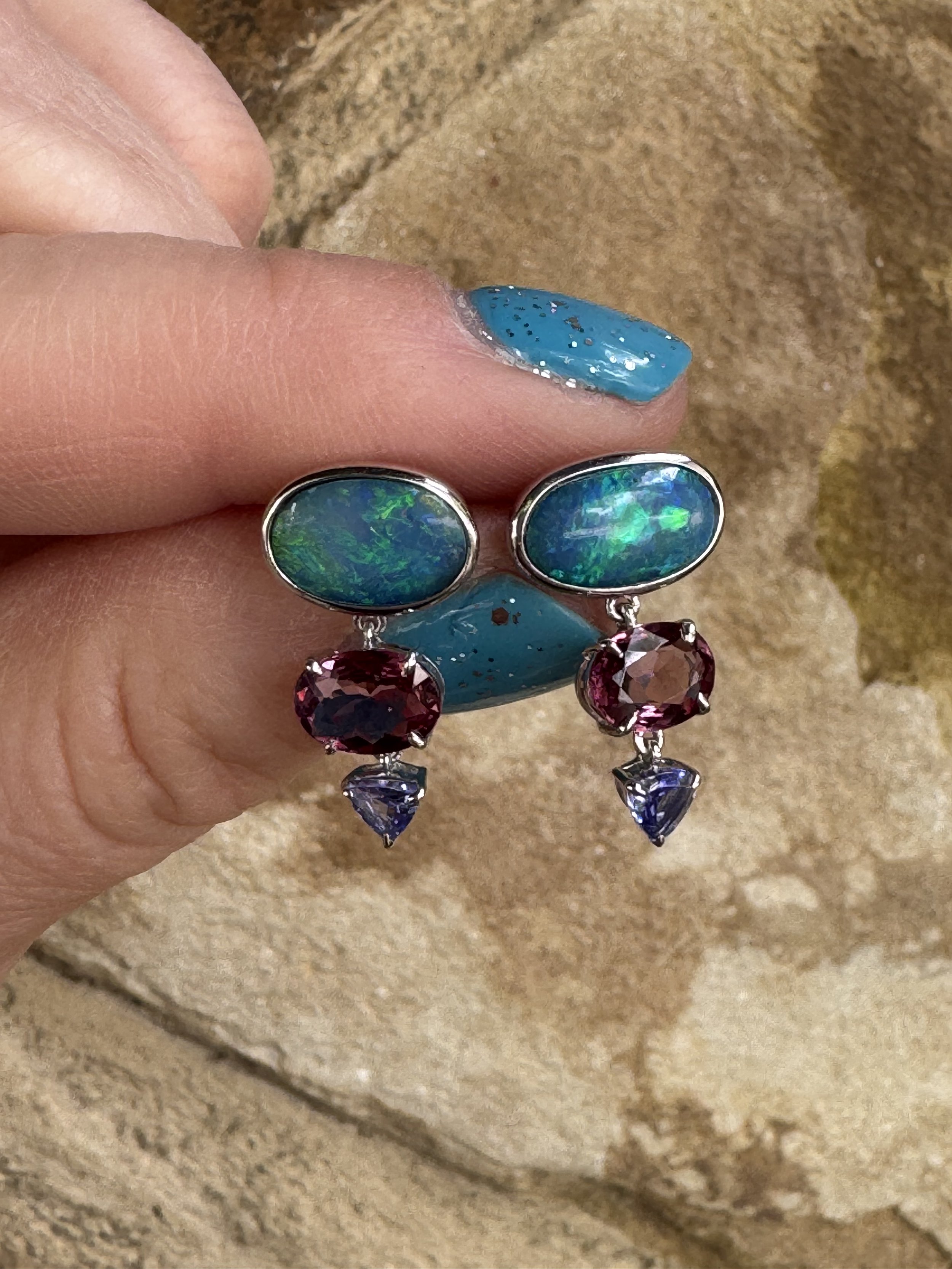 Gem Doublet Opal, Rhodolite Garnet, Tanzanite - Multistone Drop Earrings set in Sterling Silver