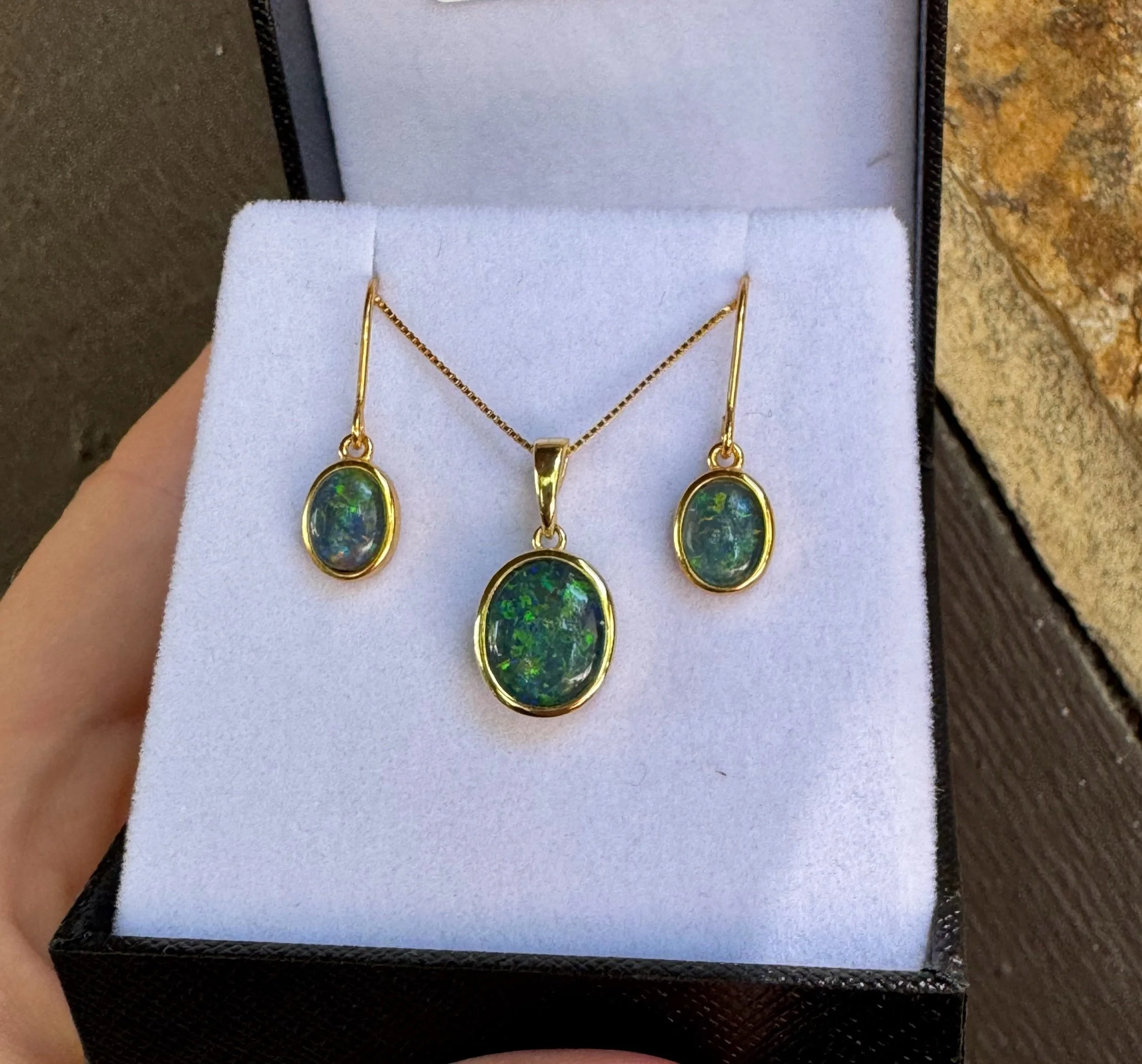 Gem Triplet Opal Pendant & Earring Set, Sterling Silver bade with 14ct Gold Plate