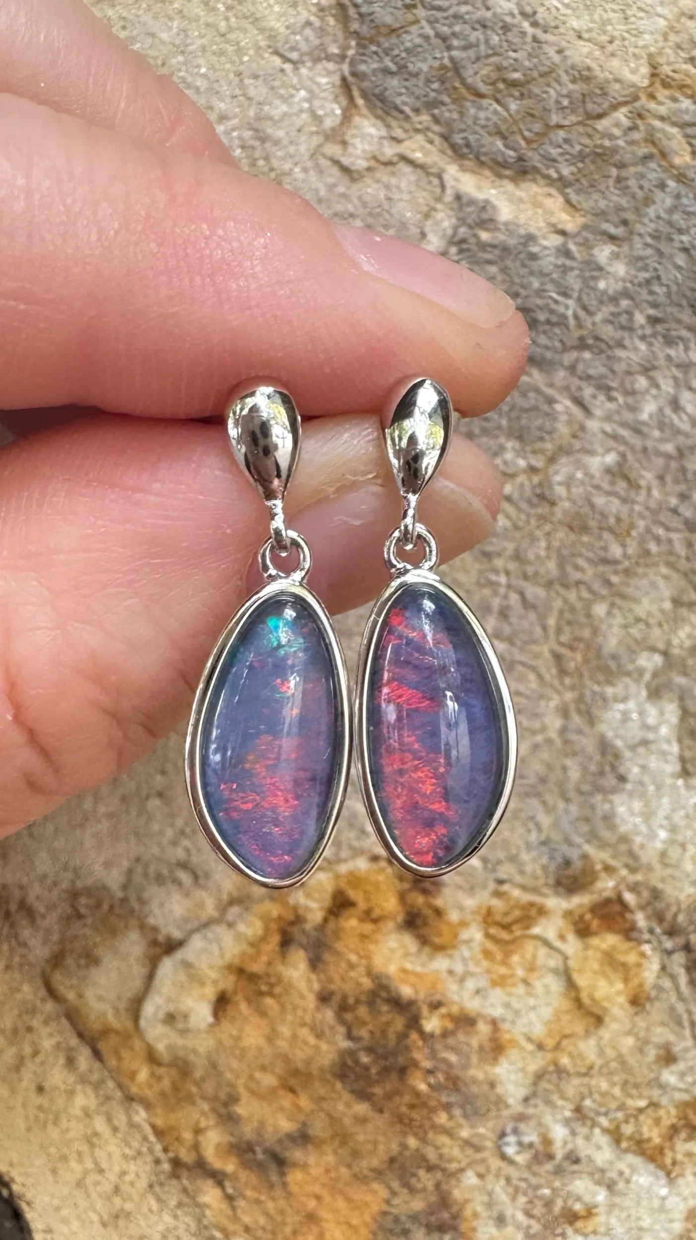 Gem Triplet Opal Stud Drop Earring in Sterling Silver