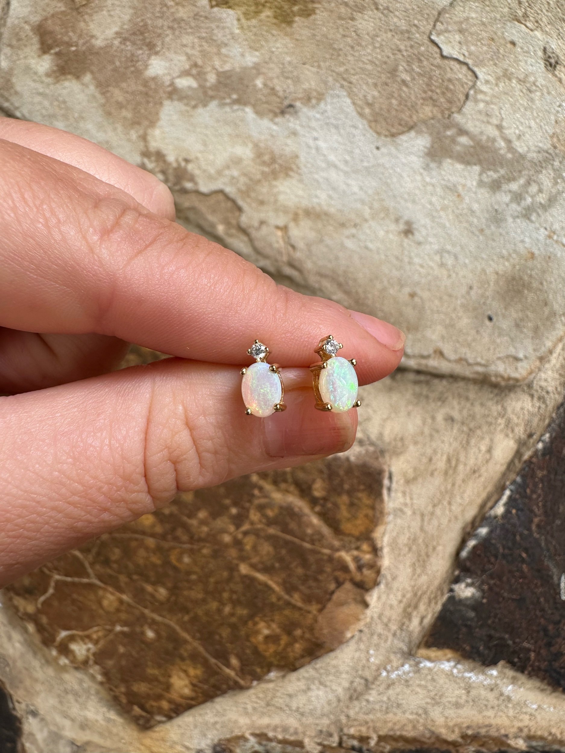 Solid Crystal Opal stud Earrings in Sterling Silver w 14ct Gold Plate