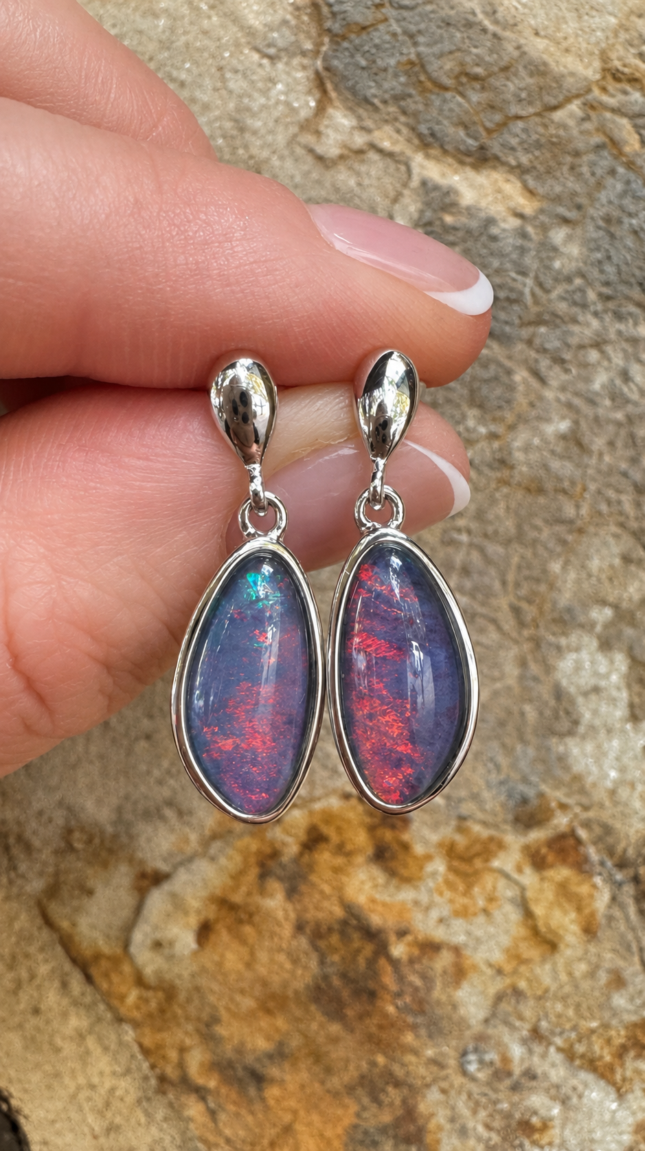 Gem Triplet Opal Stud Drop Earring in Sterling Silver