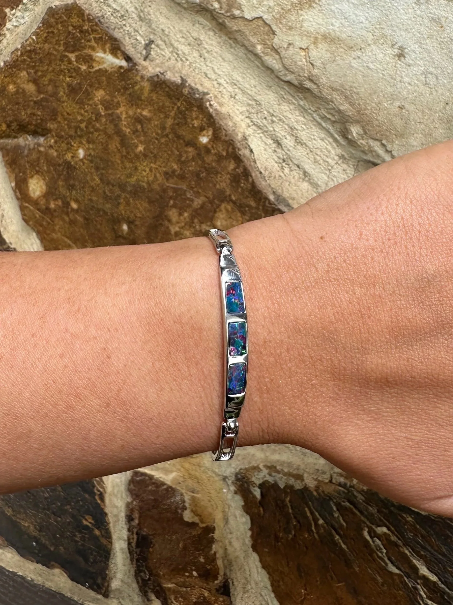 ‘AURORA HORIZON’ Solid Black Crystal Inlaid Opal Bracelet set in Sterling Silver