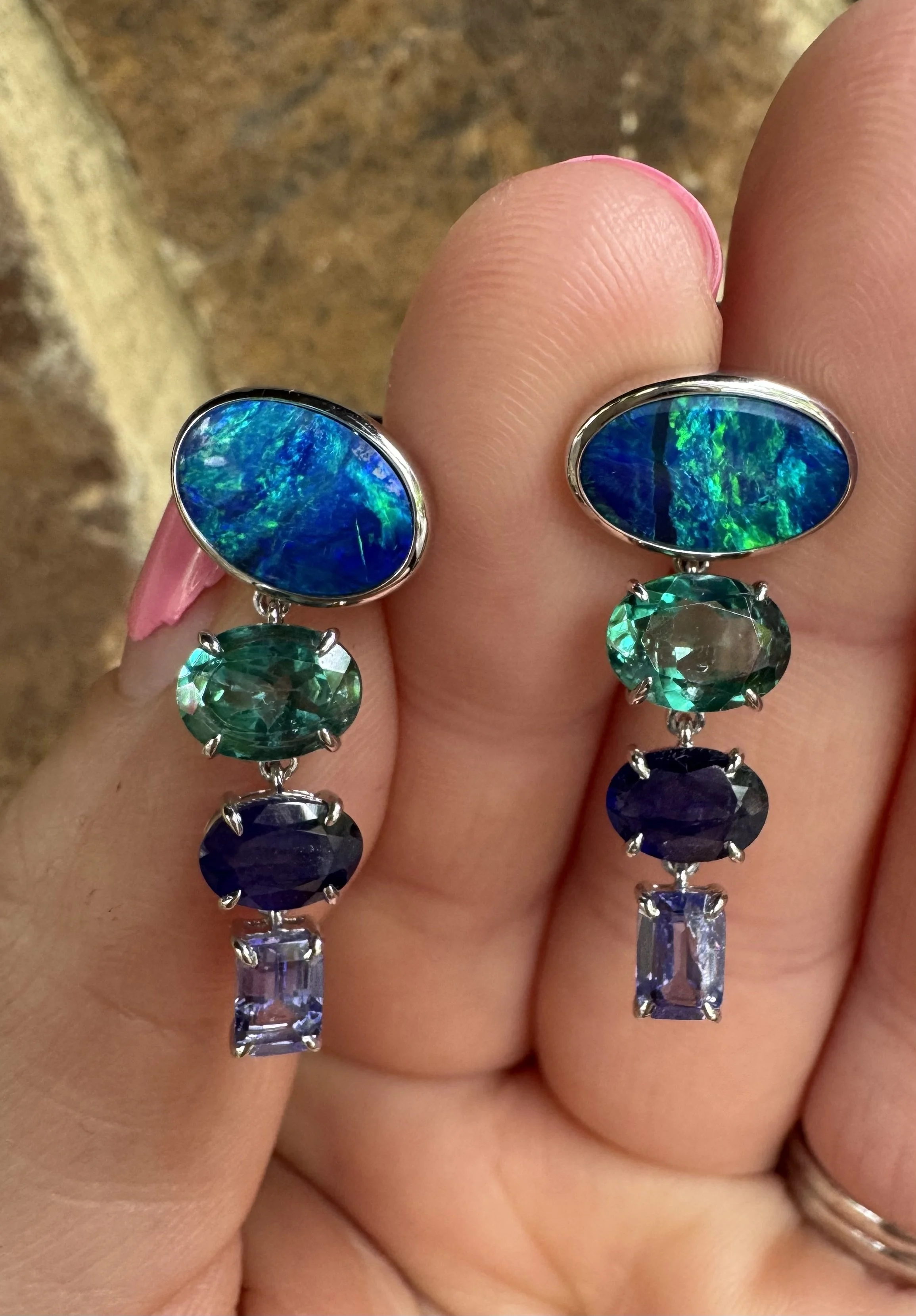 Gem Doublet Opal, Green Topaz, Blue Sapphire, Tanzanite Multistone Drop Earrings set in Sterling Silver
