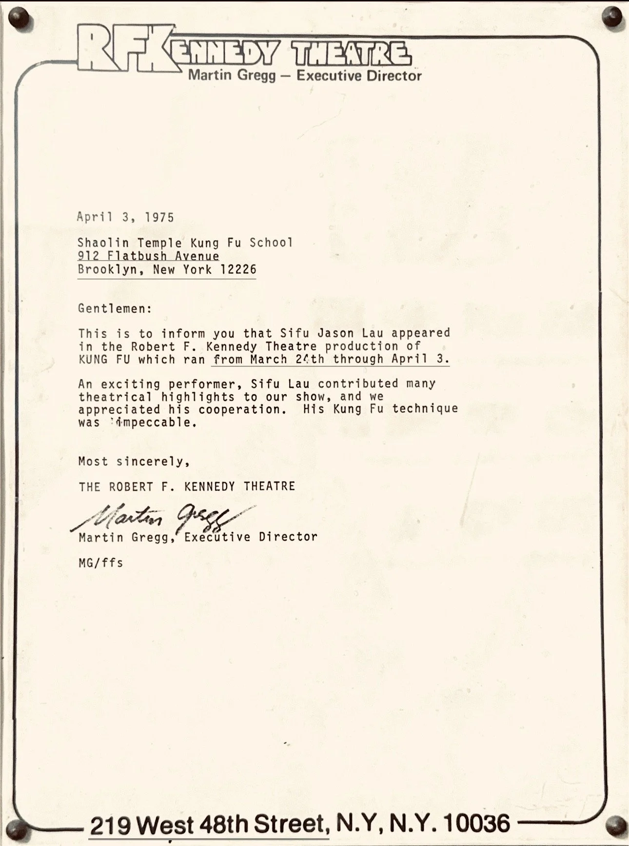 Letter to Grandmaster Lau from RFK Theatre in NYC
