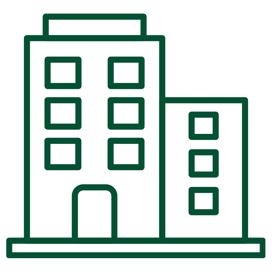 Grünes Gebäudesymbol für Wohn- und Nichtwohngebäude. Das Icon steht für Projekte und Dienstleistungen für Privatkunden, Gewerbebetriebe sowie öffentliche Träger.
