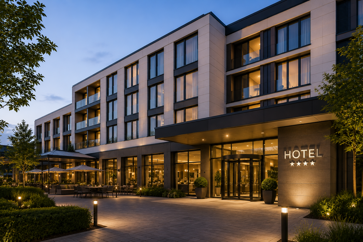 Modernes Hotel als Beispiel für energieeffiziente Gebäudeplanung, nachhaltige Sanierung und energetische Fachplanung im Beherbergungsgewerbe.