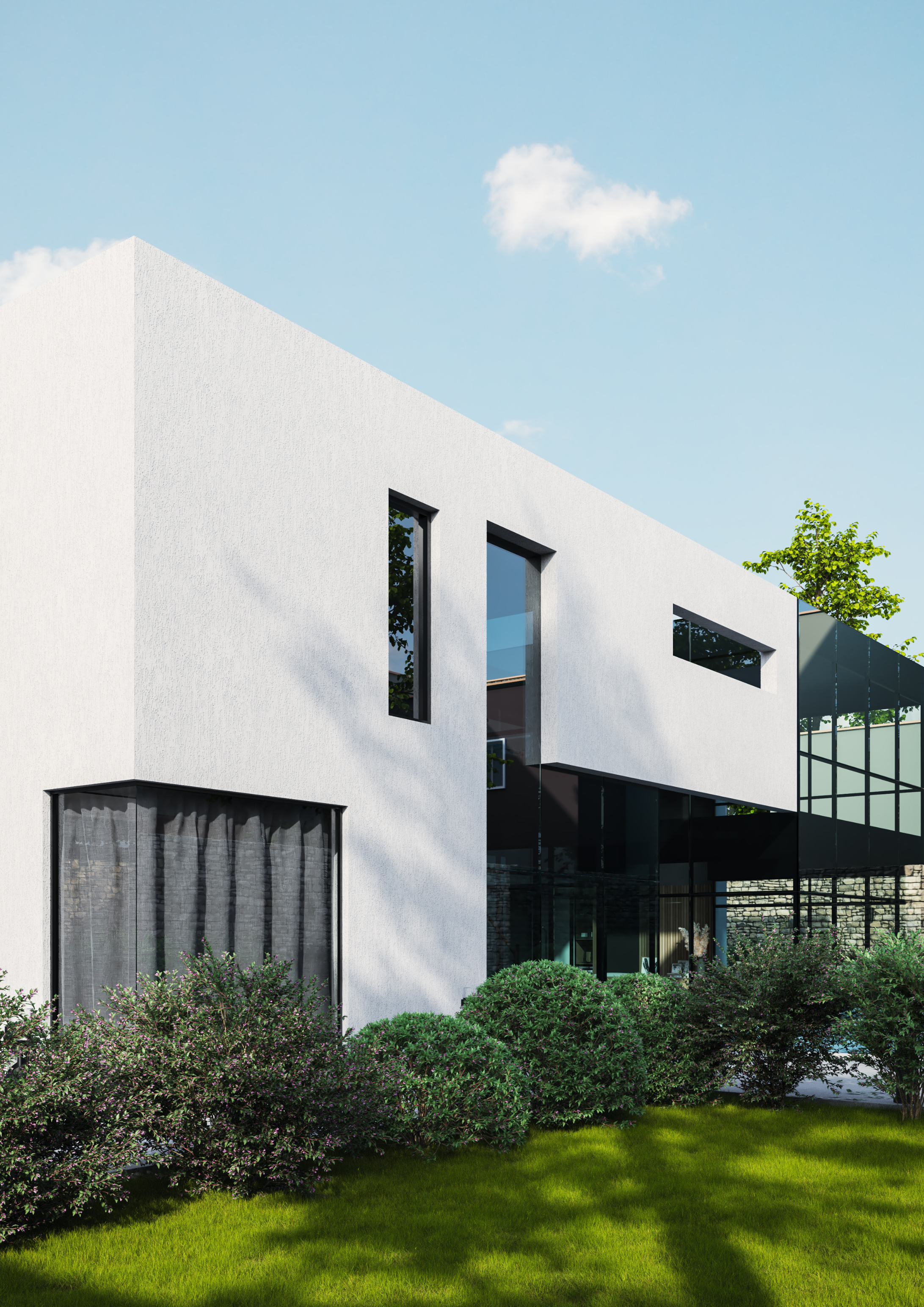 Modernes Wohngebäude mit klarer Architektur, großen Fensterflächen und gepflegten Grünanlagen. Das Bild steht für energieeffizientes Bauen, Sanieren und nachhaltige Gebäudekonzepte.