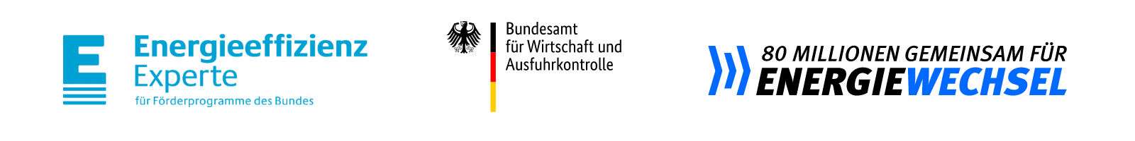Zu sehen sind links, das Logo für zertifizierte Energie-Effizienz-Experten (BAFA/dena), mittig das Logo des BAFA und rechts das Logo von Energiewechsel.