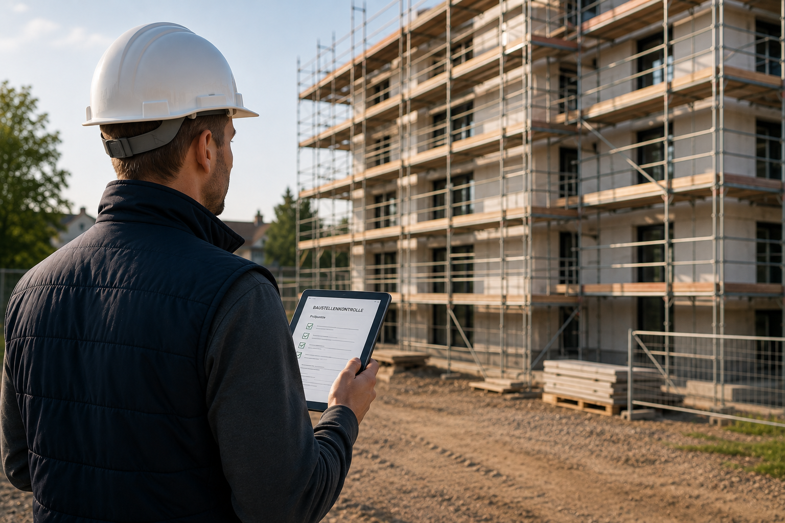 Energieberater prüft auf einer Baustelle den Fortschritt einer energetischen Sanierung. Die Baubegleitung umfasst Fördermittelservice, Antragsvorbereitung sowie die Erstellung von TPB und TPN.
