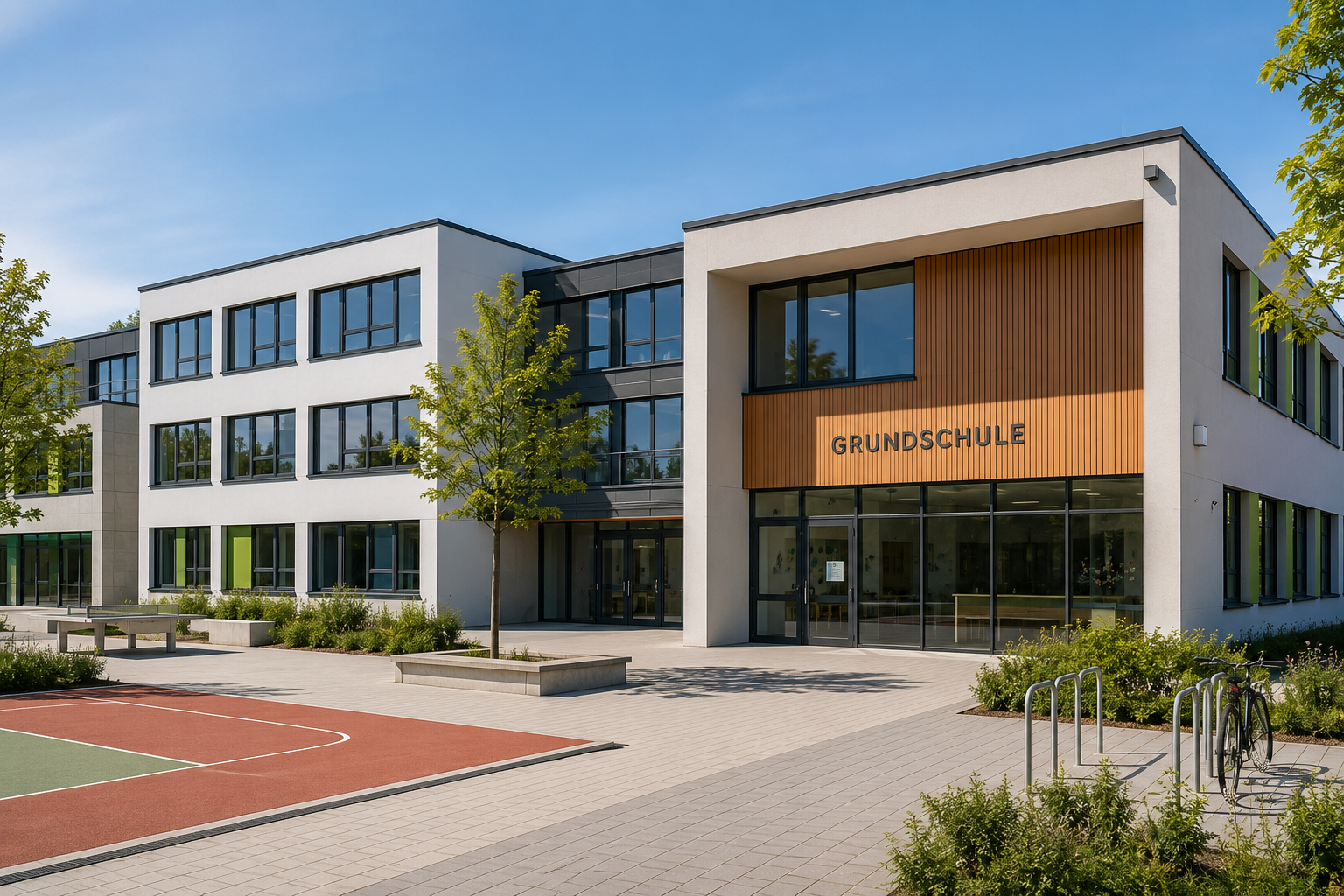 Moderne Schule als Beispiel für ein kommunales Bildungsgebäude mit Potenzial für energetische Sanierung, Energieberatung und nachhaltige Modernisierung.