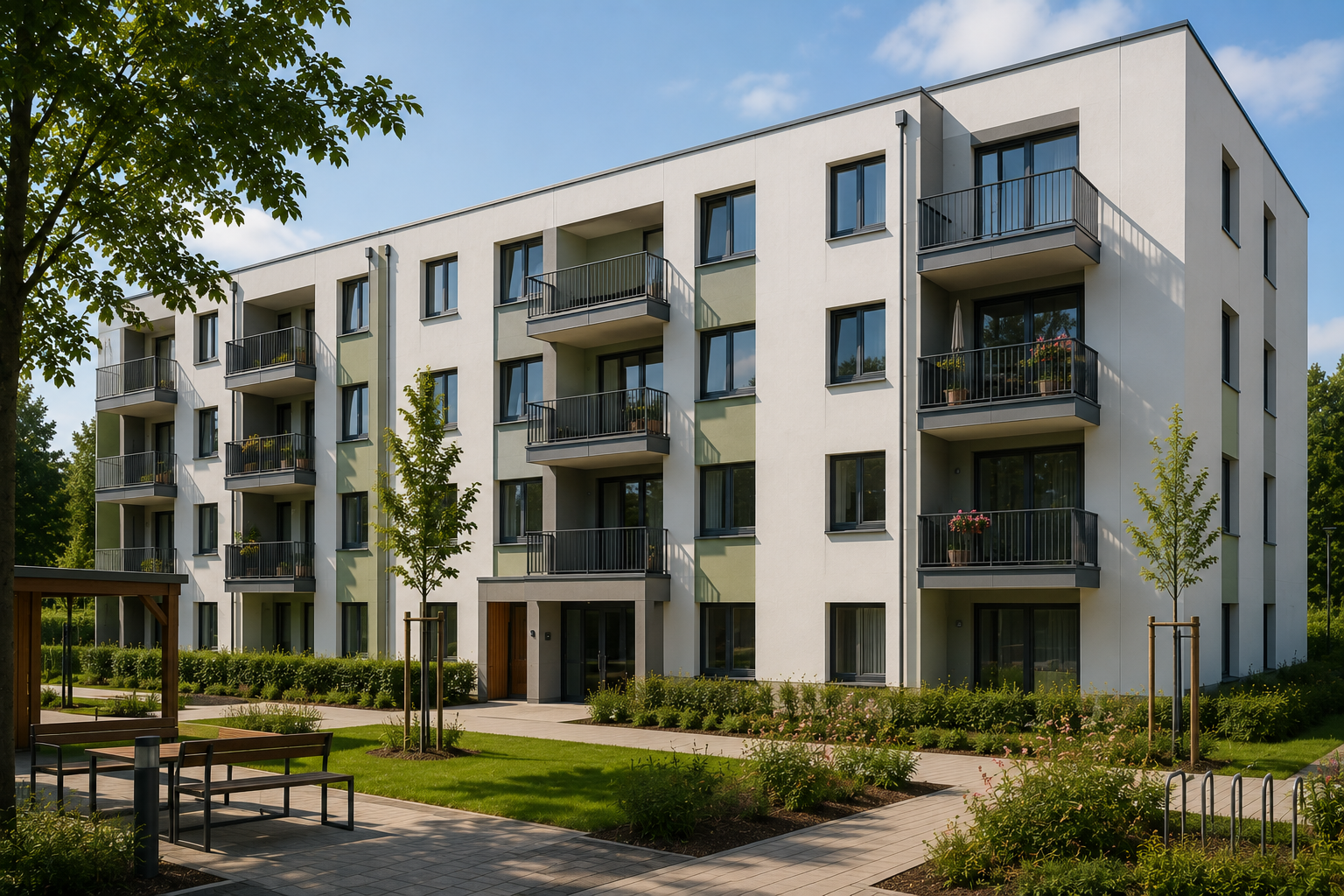 Modernes Mehrfamilienhaus als Beispiel für ein kommunales Wohngebäude mit Fokus auf energetische Sanierung, Energieberatung und nachhaltige Bestandsentwicklung.