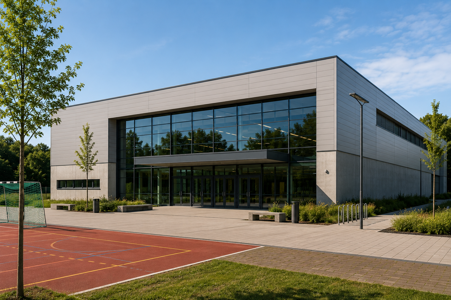 Moderne Sporthalle als kommunales Gebäude für energetische Sanierung, technische Gebäudeplanung und nachhaltige Energieberatung.