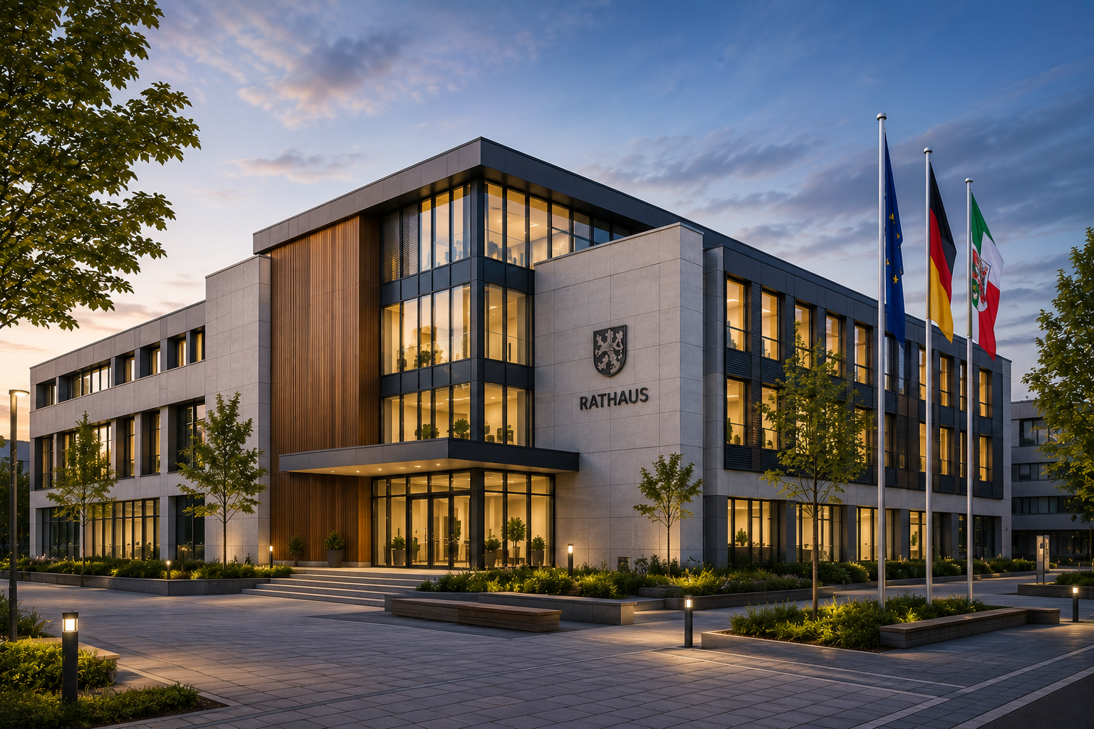 Modernes öffentliches Gebäude als Beispiel für nachhaltige Architektur, energieeffiziente Gebäudeplanung und energetische Fachplanung.