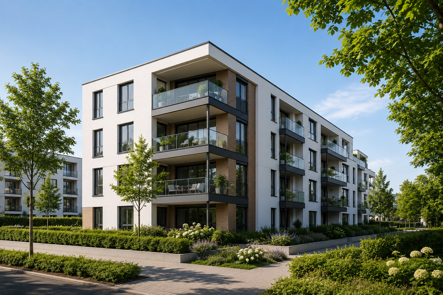 Modernes Mehrfamilienhaus als Beispiel für energieeffiziente Wohngebäude, energetische Fachplanung und nachhaltige Sanierung.